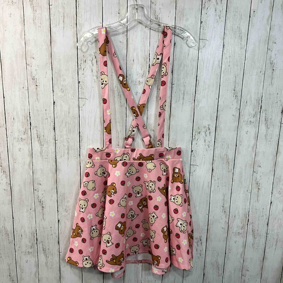 Women's Rilakkuma Pink Strawberry Bear Print Suspender Skirt Size XL - Picture 1 of 3